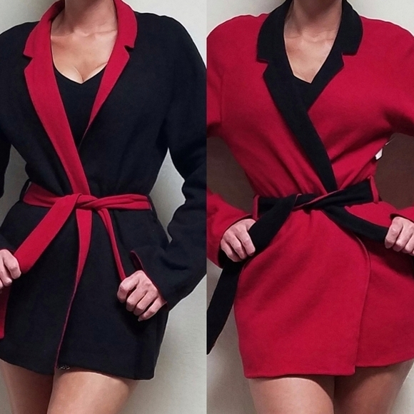 Rare Vintage Jones New York Red Black Virgin Wool Reversible Belt Cardigan Coat